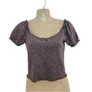 American Eagle Ditzy Floral Blue White Puff Sleeve Crop Baby Tee Bow Size Small